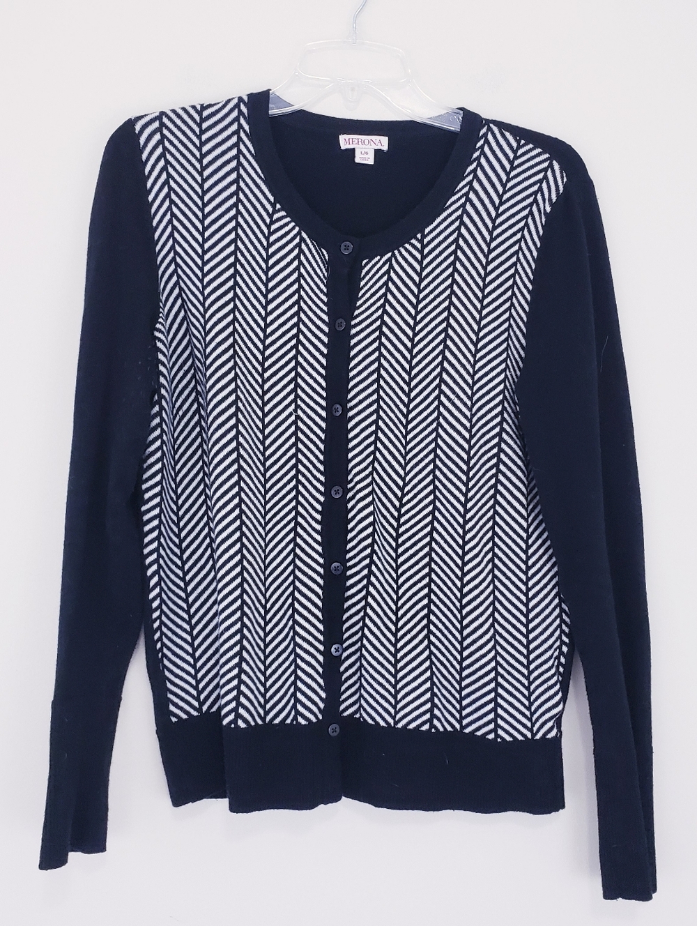 Merona Black White Diamond Print Cardigan Sweater Herringbone Large